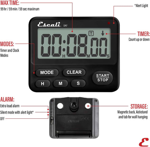Escali Extra Loud Display Digital Kitchen Timer with Clock Mode, Magnetic Back, Recall Timer