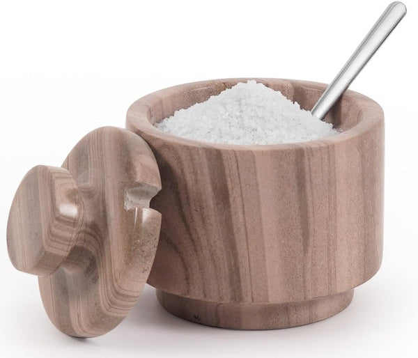 MARBLOUS KRAFTS Marble Salt Cellar with Lid & Spoon 3" brown Small