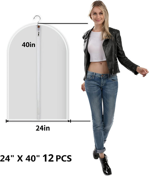 Clear Garment Bags, Set of 12 Plastic Clothes Covers for Dust Protection, Hanging Clothes Bags with Zipper