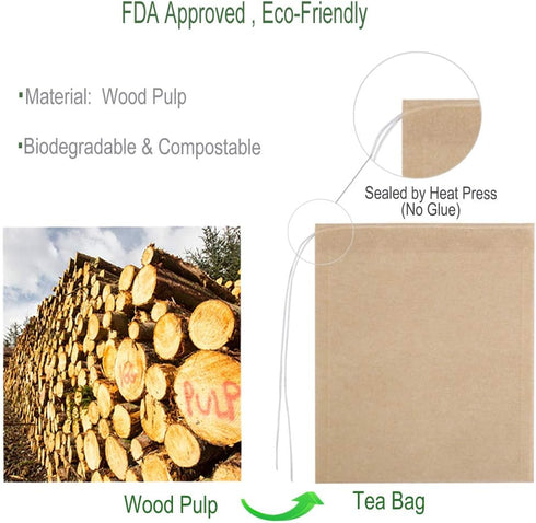 Eco-Fil Disposable Tea Filter Bags - Biodegradable, Unbleached Empty Tea Infuser Sachets, 100 Pack