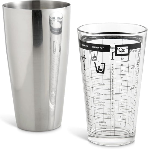 HIC Bar Boston Cocktail Shaker Set with Mixer Glass and 7 Printed Recipes, 18/8 Stainless Steel