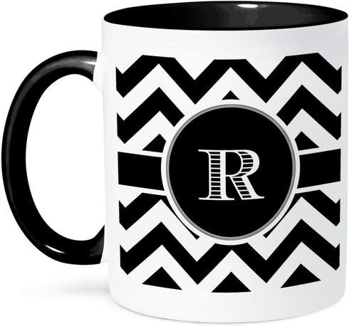 3dRose Black and White Chevron Monogram Initial R Mug, Two Tone Black, 11oz