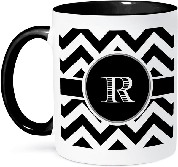 3dRose Black and White Chevron Monogram Initial R Mug, Two Tone Black, 11oz