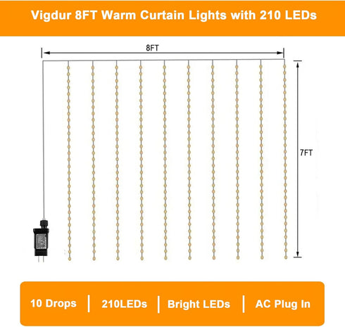 8FT 210 Decor(8 7ft) Vigdur Led Curtain String Lights, Window Fairy Lights for Bedroom with Warm LEDs, Hanging Twinkle
