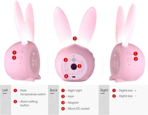 KDtech Kids Alarm Clock - Cute Pink Bunny Digital Alarm Clock with Night Light, 6 Ringtones, Touch Control &