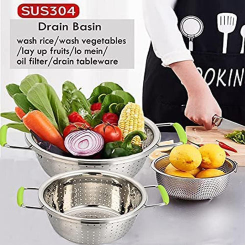 Stainless Steel Deep Colander, 2.5 Quart Micro-perforated Food Strainer with Green Silicone Handles for Draining Pasta