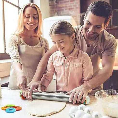 Adjustable 17" Rolling Pin with Thickness Rings, Stainless Steel Dough Roller for Pizza, Tortilla, Pie, Pasta, Cookies