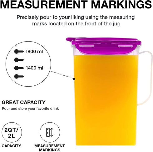 LocknLock Aqua Fridge Door Water Jug, BPA Free Plastic Pitcher with Handle, Flip Top Lid, 2 Quarts, Purple