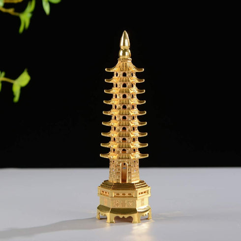 BRABUD 7'' Alloy Fengshui 9 Level Pagoda Wenchang Tower Statue, Protection Business Rises Desk Decor, Golden Color