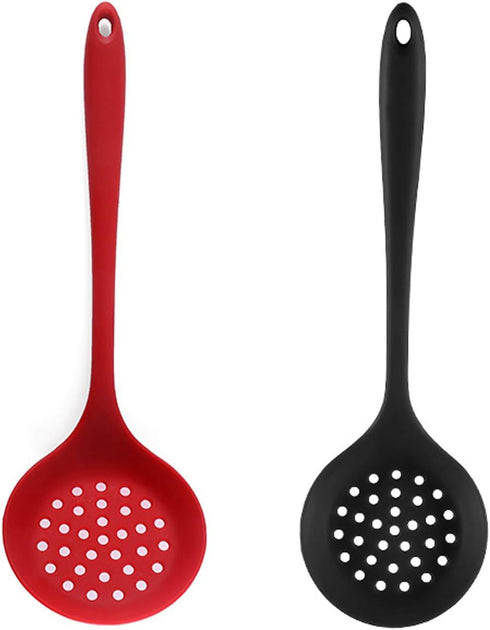 Silicone Skimmer Spoon Set 2, Non-Stick Cooking Slotted Strainer with Long Handle, Red and Black Kitchen Ladle