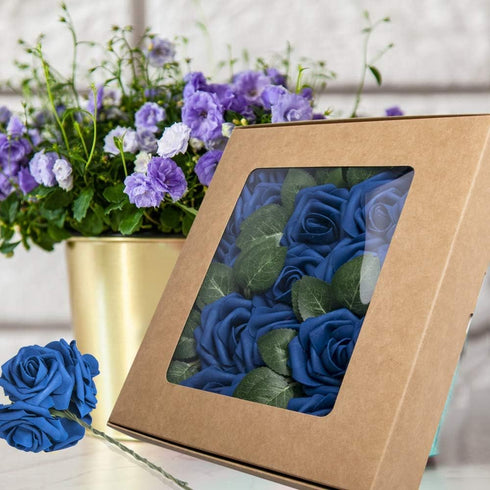 Artificial Flowers 25pcs Royal Blue Foam Fake Roses with Stems for DIY Wedding Bouquets
