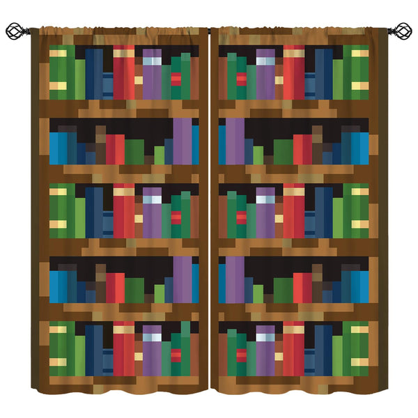 Pixelated Bookshelf Curtain for Kids, Shelf with Books in Pixel Art Style