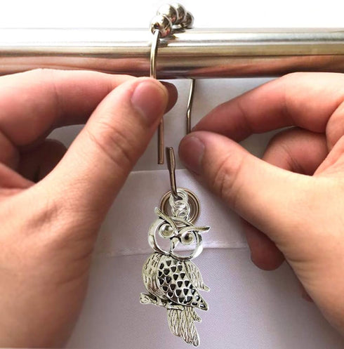 Country Shower Curtain Hooks Set of 12 - Rust Proof Brushed Nickel Rings with Owl Pendant Accessories