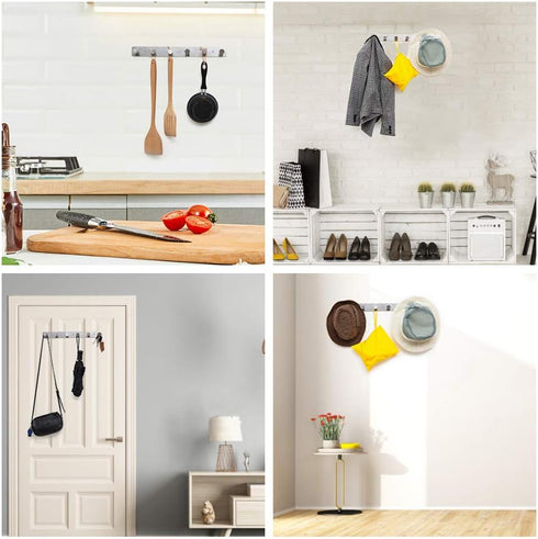 Wall Mounted Coat Rack with Stainless Steel Metal Hooks, Adhesive & Screw-in, 6 Round Hangers for Hanging Towels Clothes