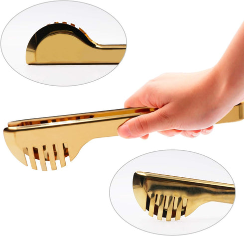 2-Pack Stainless Steel Gold Salad Tongs, 9.5 Inch Non-Slip & Easy Grip Smart Locking Clip Handy Utensil for Cooking,