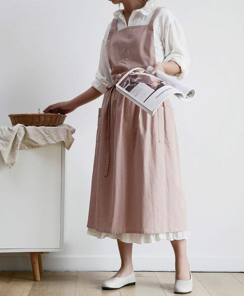 Cotton Pleated Apron - Retro Waterdrop Proof Garden Cleaning Pinafore Dress