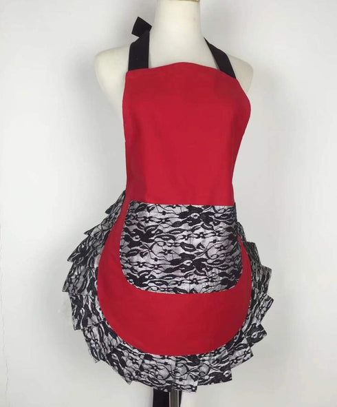 Hyzrz Cute Lace Flirty Apron with Pocket, Retro Sexy Cooking Pinup Apron for Women Girls (Red)