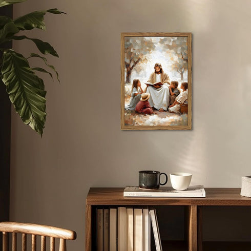 Hwetui 3D 12x16 inch Framed Jesus With Children Wall Art, Textured Christian Jesus Teaching Kids Wall Decor Paintings