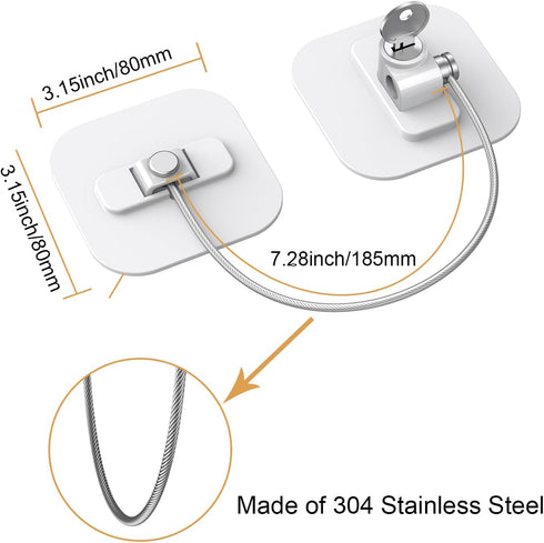White Fridge Lock, 2 Pack with 4 Keys, Childproof Refrigerator Locks, Freezer and Drawer Lock, No Tools Required