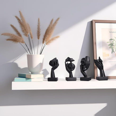 4 Set PCS Black Thinker Statue Abstract Sculptures Home Decor for Bookshelf, Office, TV Stand Knick Knacks See No Evil