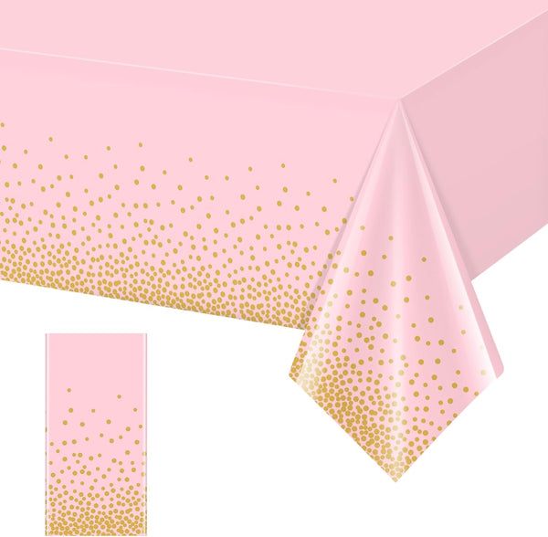 1 Pack Pink and Gold Plastic Tablecloth for Parties, Pink Disposable Table