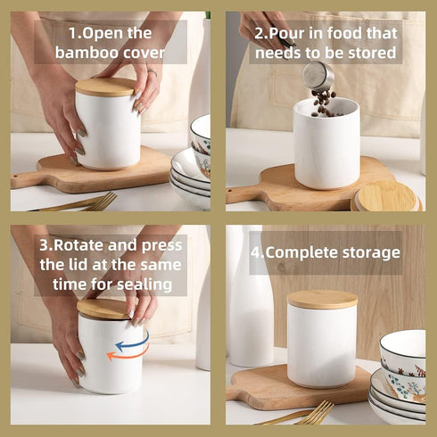 Set, Set 4 Sweejar Kitchen Canisters Ceramic Food Storage Jar Stackable Containers with Airtight Seal Wooden Lid