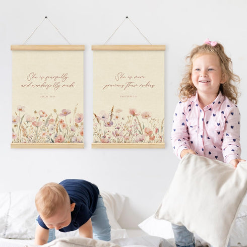Set 2, 12x16 Inch PLKMN Girls Room Decor, Pink Wildflower Baby Girl Nursery Decor of Christian Gifts for Girls, Pink