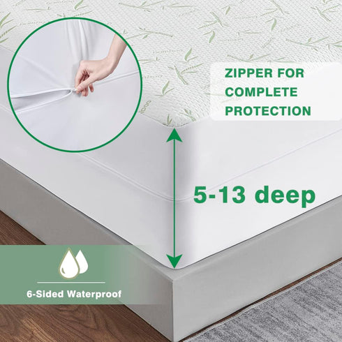 Parkdeny Twin Mattress Encasement, Waterproof Bamboo Rayon, Breathable Cooling Cover, 5-13 inch Deep