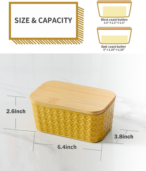 Hasense Large Ceramic Butter Dish with Sealing Lid, Yellow Airtight Butter Container for Countertop Storage