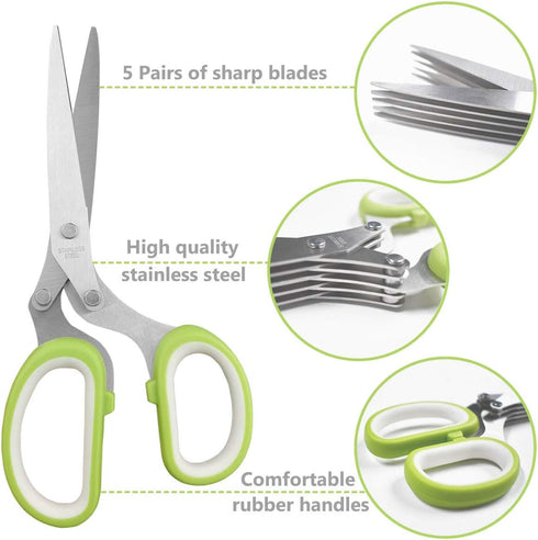 Herb Cutter Scissors, 5 Blade Kitchen Multipurpose Cutting Shear with Safety Cover & Cleaning Comb (Green)