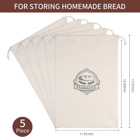 5-Pack 12x17.5 Inch Linen Bread Bags for Homemade Bread & Sourdough, Unbleached with TPU Lining - Reusable Washable