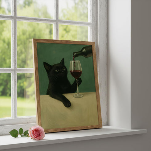 8x10 Inch Funny Black Cat Wall Art Moody Black Cat with Wine Glass Canvas Wall Decor Whimsical Animal Bar Cart Poster
