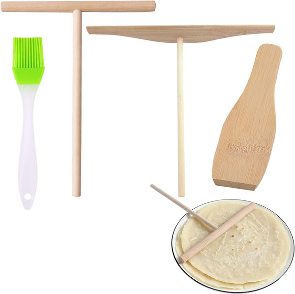 4 Pcs Crepe Spreader Stick and Spatula Kit with Random Color Oil Brush for Large Crepe Pan Maker