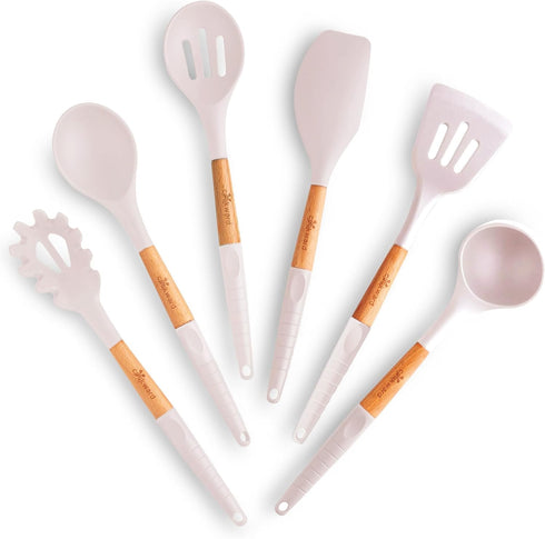 Silicone Cooking Utensils Set (6 pcs) – Natural Wood Kitchen Utensils, Eco Friendly & BPA Free, Non-Scratch, White
