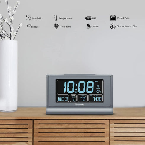 DreamSky Digital Alarm Clock, 5 Inch Large Display, Battery Backup, USB Charging Ports, 12/24H
