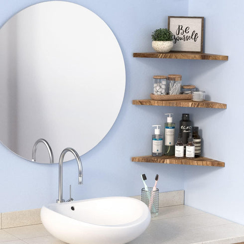 Set 3 Wall Mounted Rustic Wood Straight Edge Corner Shelf Storage Rack, Bookcase, Floating Shelves Home Decor