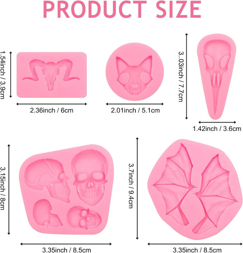 Halloween Fondant Molds, Skull Sheep Head Bat Wings Silicone Molds, Sphynx Cat Crow Skull Chocolate Baking Molds for Cake Decoration Cupcake Topper Candy Gum Cookie Jelly DIY Craft Clay Resin Set of 5