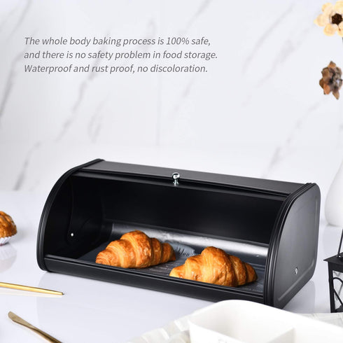 HILFA Stainless Steel Bread Box with Roll Up Lid, 17.5X11.5X7.5 inch Matte Black Kitchen Storage