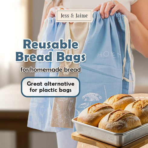 Pack 3 Reusable Bread Bags with Drawstring | XL of | Eco-Friendly Washable Linen Bread Bag & Spacious Sourdough Bread