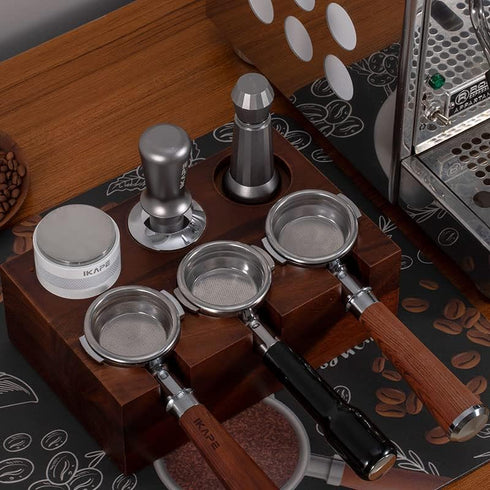 IKAPE Espresso Knock Box, 58mm 6-Hole Espresso Accessory Organizer with Natural Mahogany Tamping Table Base
