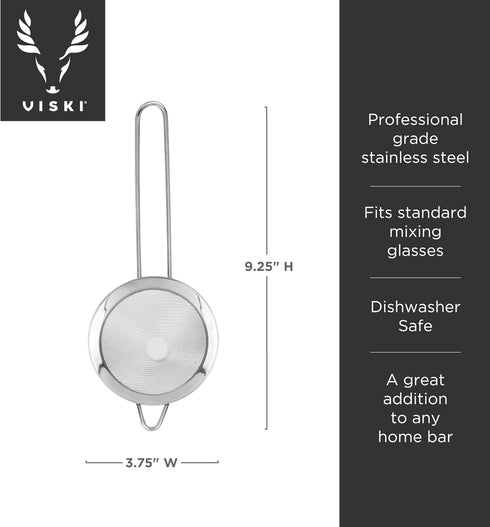 Viski Cone Strainer, Fine Mesh Stainless Steel Bar Tool, Small Cocktail Strainer, 9.24in