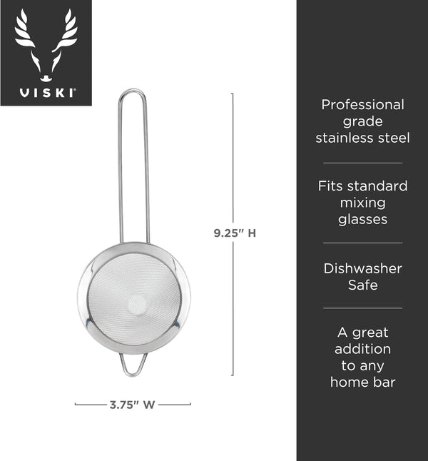 Viski Cone Strainer, Fine Mesh Stainless Steel Bar Tool, Small Cocktail Strainer, 9.24in