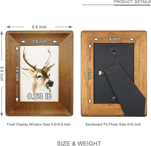 4x6 Wood Picture Frame with Glass Front, Rustic Handmade Burlywood Photo Frames for Table Top and Wall Display