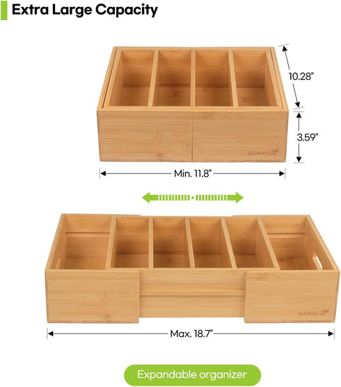 Expandable Kitchen Cabinet Organizer for Food Storage Container Lids, Bamboo Drawer Caddy, Adjustable Dividers