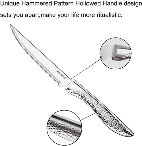Steak Knives Set of 4, Stainless Steel Serrated Blade Flatware, Hammered Pattern Hollowed Handle, 4.5 In