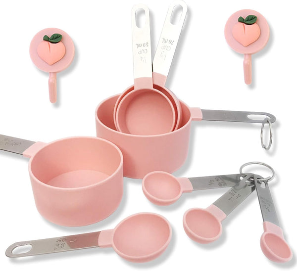 Measuring Cups and Spoons Set of 8pcs - Cute Pink Stainless Steel Handle, XGiGiX Plastic Measure Spoon and Cup Set
