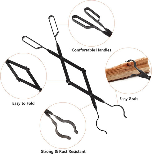 Heavy Duty 32” Long Fireplace Fire Pit Campfire Poker Stick and 26” Tongs Tool Set, Rust Resistant Camping Tools