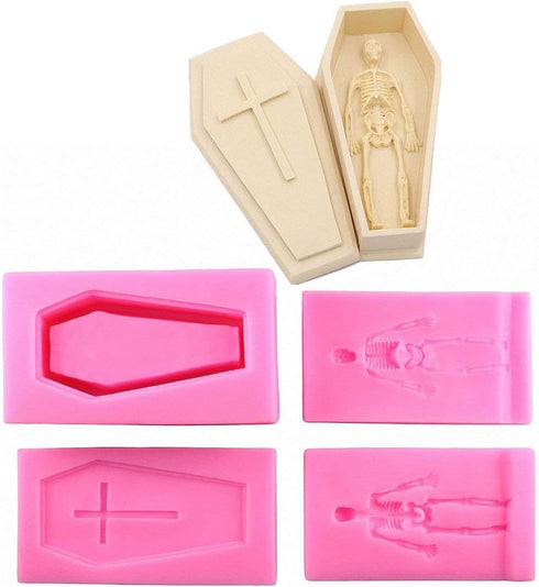 4Pcs/Set 3D Coffin with Cross & Skull Skeleton Fondant Molds, Halloween Theme Silicone Decorating Tools