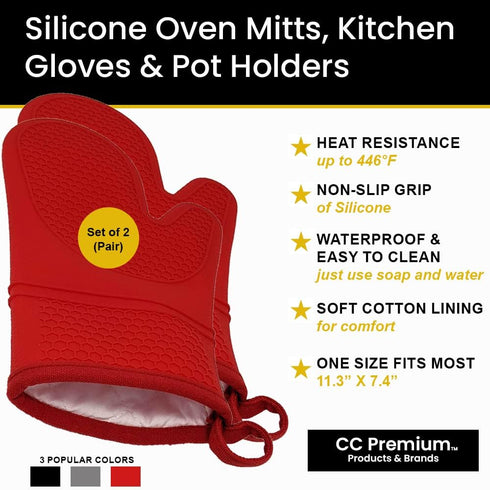 Oven Mitts Heat Resistant Silicone, Kitchen Gloves & Pot Holders, Cotton Lining, Non-Slip, Flexible, Durable, Easy Clean, Cooking, Baking, Grilling, Double Sided (Pair of 2 Oven Mitts) Red by Generic
