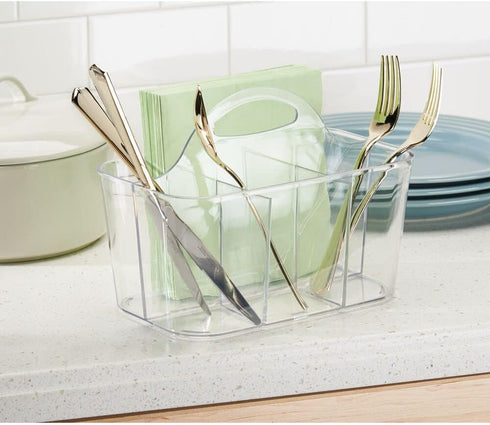 mDesign Clear Plastic Cutlery Storage Organizer Caddy Bin Tote with Handle - Divided Pantry Basket for Forks, Knives,
